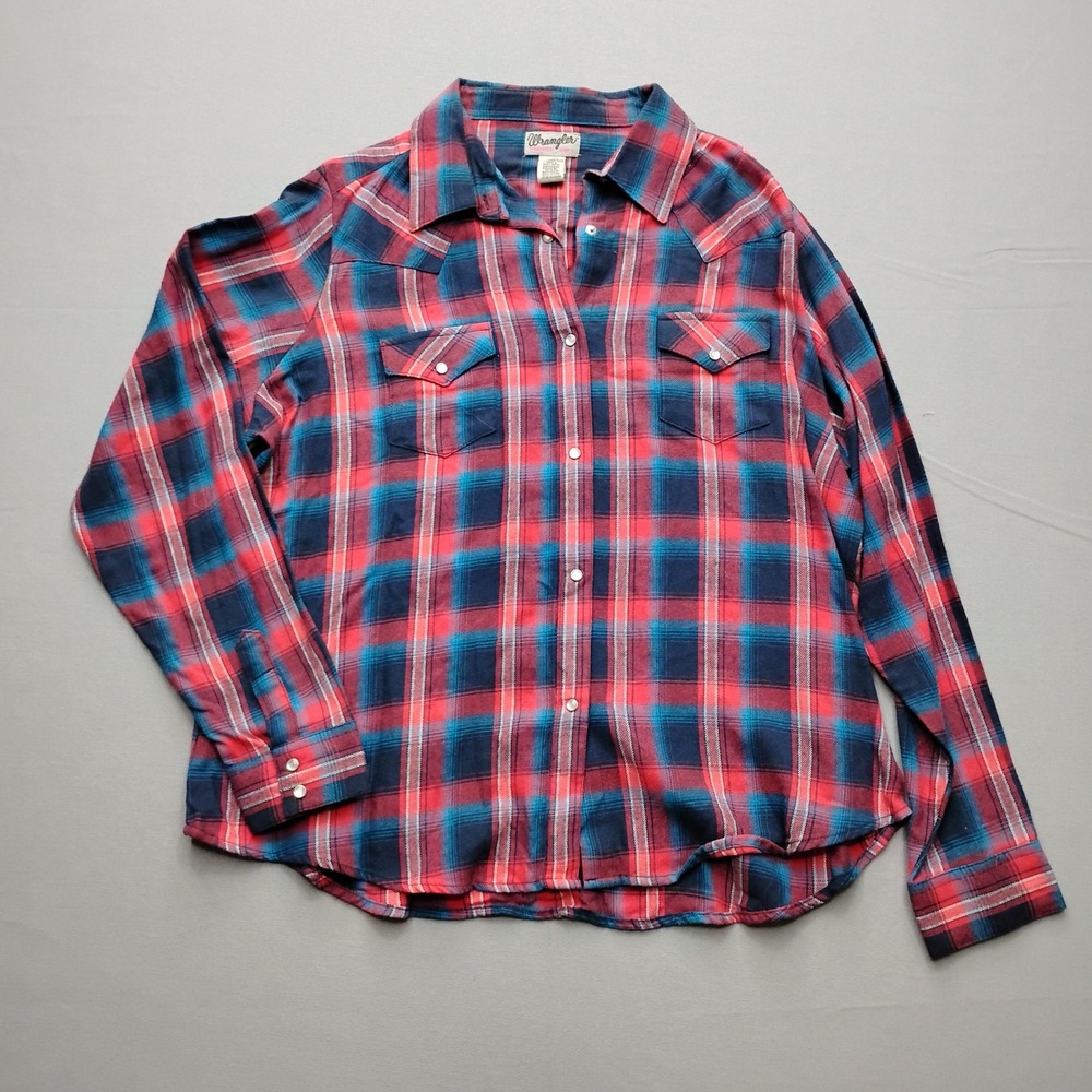 Wrangler Wrancher Plaid Western Snap Shirt Womens 3XL Red Blue Cotton LWR7009
